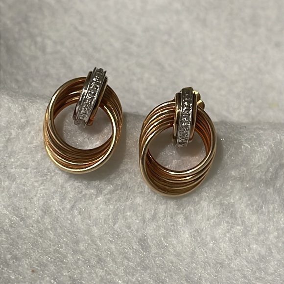 14K Yellow Solid  Gold Vintage Diamond Twist Trim Statement Stud Earrings - Picture 3 of 5